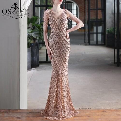 Wave Sequin Golden Prom Dresses V Neck Mermaid Long Evening Dress Beading Straps Sleeves Fit Formal Party Dress Women Vestido