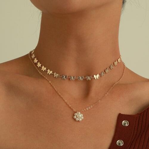 Double Layer Fashion Pearl Flower Shape Necklace Pendant Women Personality Exquisite Butterfly Clavicle Choker Necklace Jewelry