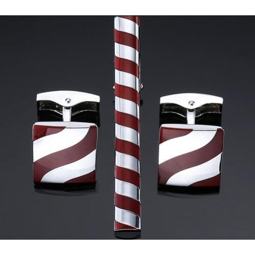 DY The new mens fashion clothing accessories Red Enamel Silvery Stripe Tie Clip Cufflinks set free shipping