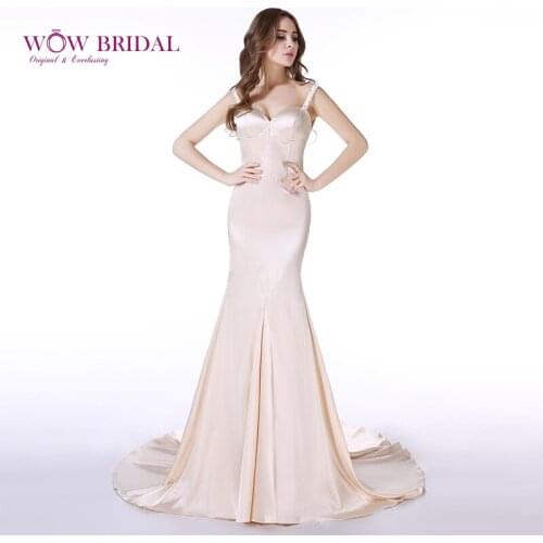 Wowbridal Elegant White Gold Prom Dress 2021 Sweetheart Spaghetti Strap Pearls Sequined Open Back Taffeta Ruffles Mermaid Dress