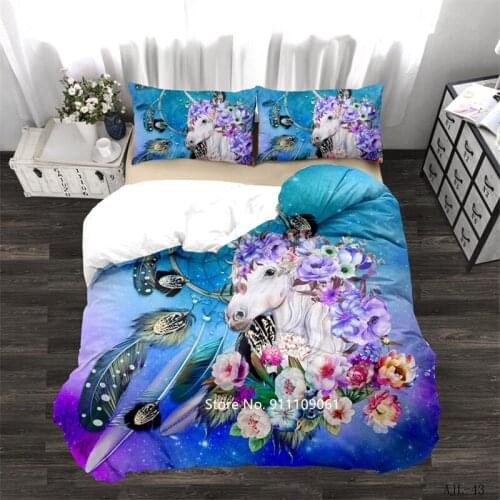 Cartoon Animal Color Blue Unicorn Bedding for Childrens Comfortable Room Decorated with King Queen Quilt Covers and Pillowcases