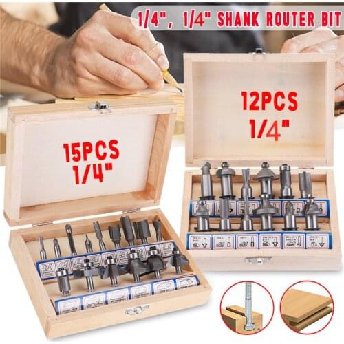 Shank Hand Trim Router Bits Set 12Pcs / 15Pcs 1/4" Trimming Machine Milling Cutter Tungsten Carbide High Abrasion Resistance