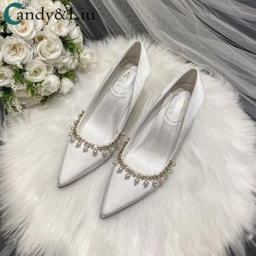 2021 New Champagne Bridesmaid Shoes White Dress Wedding Bridesmaid Wedding Shoes Pearl Chain Large-size Heels