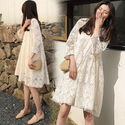 New Autumn Maternity Lace Dress Plus Size Pregnant Women Dress Sweet Three Quarter Sleeve V-neck Loose Pregnancy Empire Dress