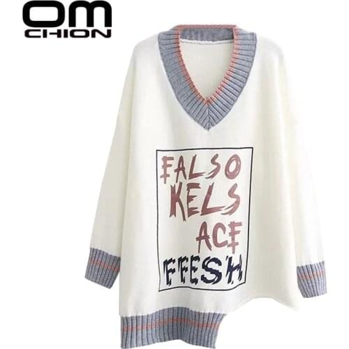 OMCHION Jumpers 2021 Autumn Winter V Neck Plus Size Letter Print Sweater Women Casual Loose Lazy Korean Knitted Pullover LMY148