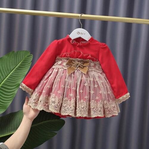 Autumn Christmats Red Princess Ball Gown Lace Bow Mesh Stitching Clothing Birthday Party Easter Girls Lolita Dresses A602