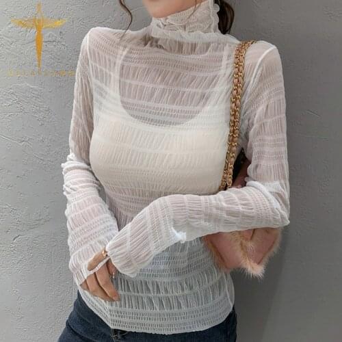 Mesh See-Through Pleated Womens T-Shirt High Collar Long Sleeve Basic Lace Tee Tops Perspective High Street Sexy Female Tshirts