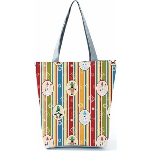 Snowman Striped Printed Handbags Fashion All-Match Shoulder Bag Christmas Gift Bag High Capacity Beach Bag Portable Shopping Bag