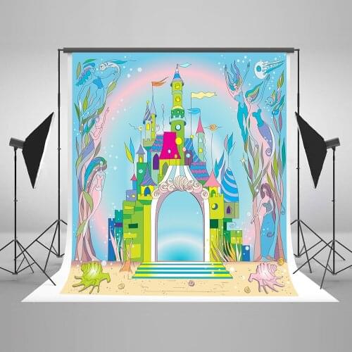 VinylBDS 5x7ft (150x220cm) Cartoon Castle Photography Backdrop Underwater World Studio Backdrop Rainbow Newborn Party Background