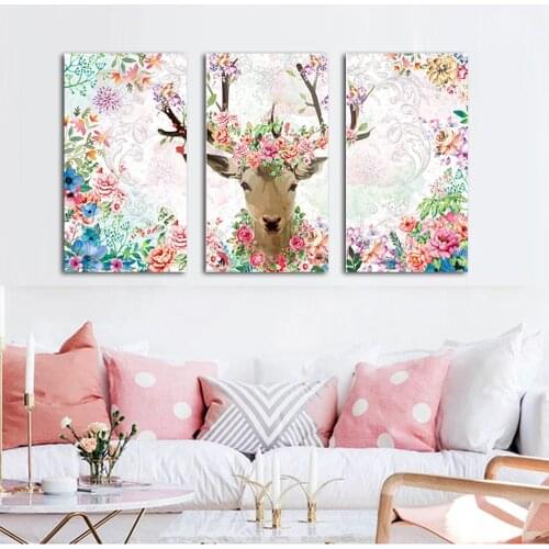 WANGART Watercolor 3 Pieces Poster Painting Moose Flower Animal Canvas for living Room Home Wall Art Print Decoration Pictures