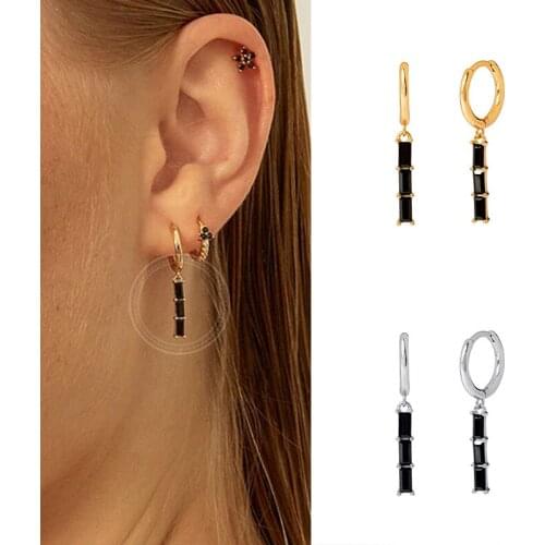 Luxury 925 Sterling Silver Rectangle Zircon Hoop Earrings Gold Red Black Crystal Dangle Earrings For Women Pendientes Jewelry