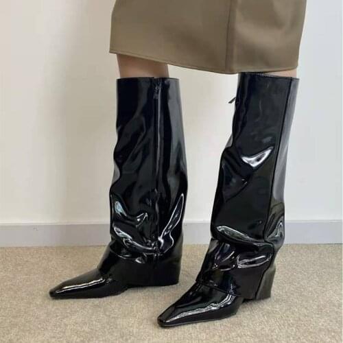 2021 Knee-High Boots Women Wedges Platform Knight Boots Zip High Heels Boots Women Winter Pointed Toe Women Shoe botas femininas