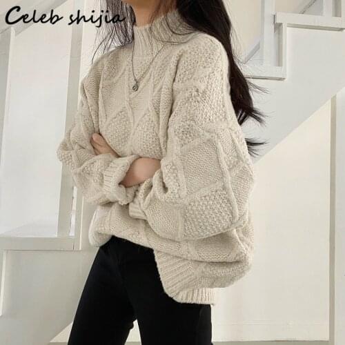 SHIJIA Turtleneck Sweater Woman Apricot Autumn Winter 2021 Loose Knitted Tops Korean Fashion Long Sleeve Pink Warm Jumper Fall