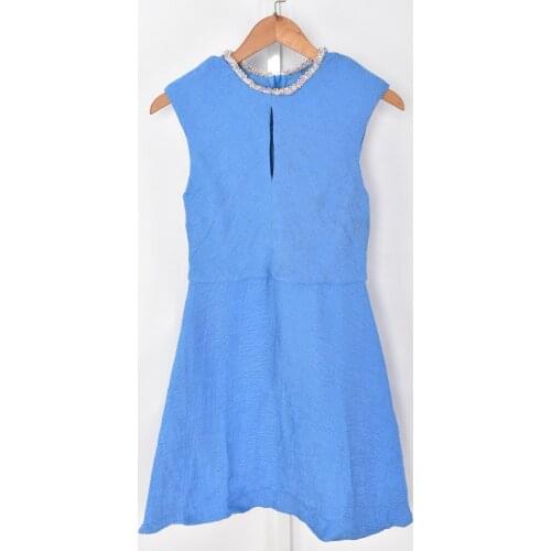 Neckline Beaded Women Blue Mini Dress Ladies O-Neck High Waist Sleeveless A-Line Summer Female Short Robe