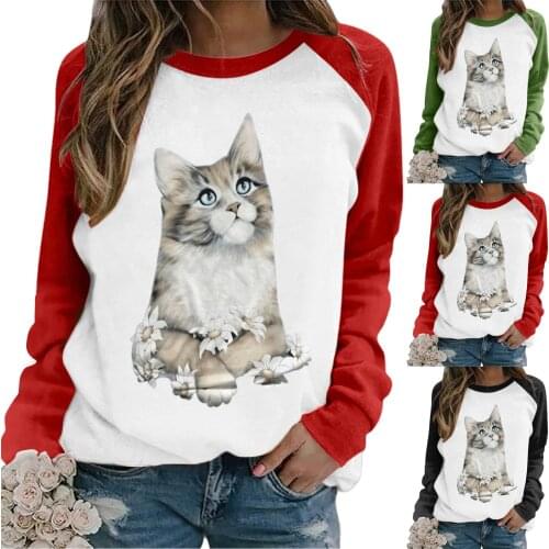 1PCS Women Fashionable Casual Loose Comfortable Cats Printing Multiple StylesSoft Fabric Raglan Long Sleeve Shirts Blouse Tops