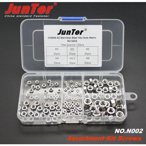 120pcs DIN934 M2 M2.5 M3 M4 M5 M6 A2 Stainless Steel Hex Nuts Metric Assortment Kit NO.N002