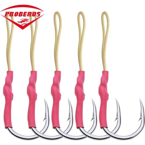 5Pcs/lot Metal Jig Assist Hook with PE Line Solid Ring Jigging Spoon Saltwater Fishhook Corrosion and Seawater Resistance