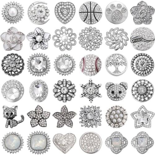6pcs/lot Snap Button Jewelry Mix White Rhinestone 18mm Flower Snap Buttons Fit 18mm Snap Bracelets Bangles Diy Charms Jewelry