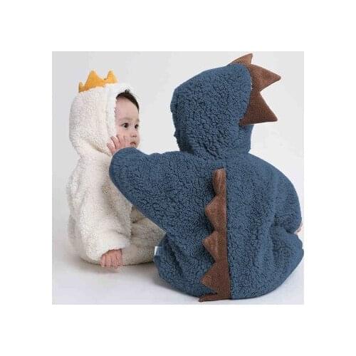 Pudcoco Baby Romper Dinosaur Long Sleeve Hooded Jumpsuit Bodysuit for Little Girls Boys Autumn Winter Cute Romper 0-12 Months