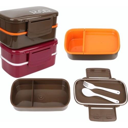 Large Capacity Double Layer Lunch-box Lunch Food Container 1400ml with Spoon Fork Eco-Friendly BPA Free Microwave Fridge Safe