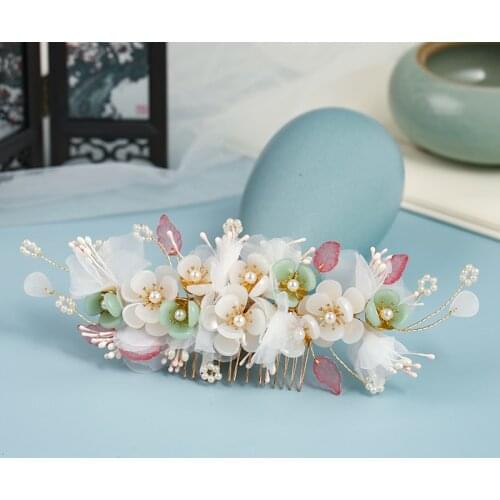 White Flower Pearl Headpiece Fashion Handmade Gold Color Pink Leaf Crystal Hair Combs Wedding Bridal Hair Accessories Party