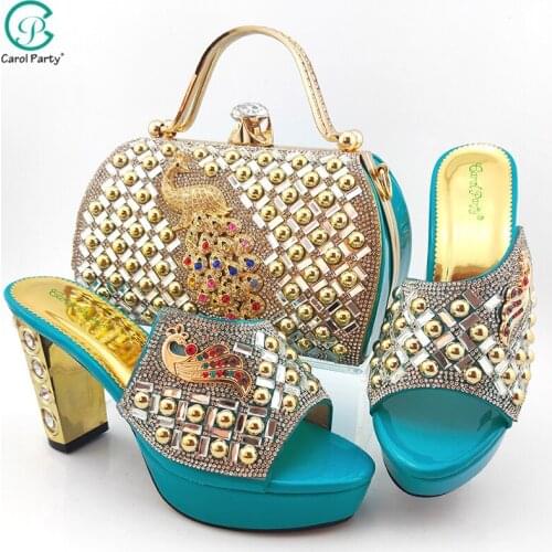 Italian Design African Lastest Teal Color Party Women Shoes and Bag Set With Platform and Special Phoenix Shape Metal Decoration