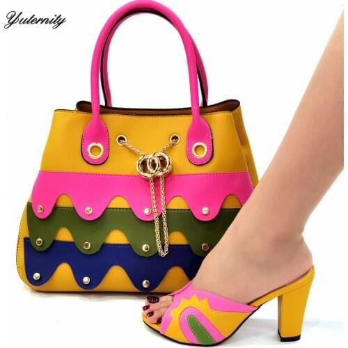 Nigerian Summer PU With Rhinestone Shoes And HandBag Set Italian Fashion High Heels Shoe And Bag To Match Set For Party