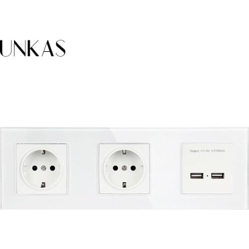 UNKAS Wall Crystal Glass Panel Double Socket 16A EU Electrical Outlet Dual USB Smart Charging Port 5V 2A Output White Color