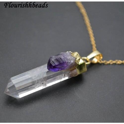 Natural Clear Crystal Point with Amethyst Beads Stone Pillar Pendant Linked Chains Necklace Fashion Woman Jewelry