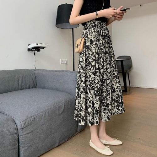 2021 New Ink Dyed Floral Skirt Womens Elastic Waist Large Hem Long Skirt Thin Hip High-Waisted Floral Skirt