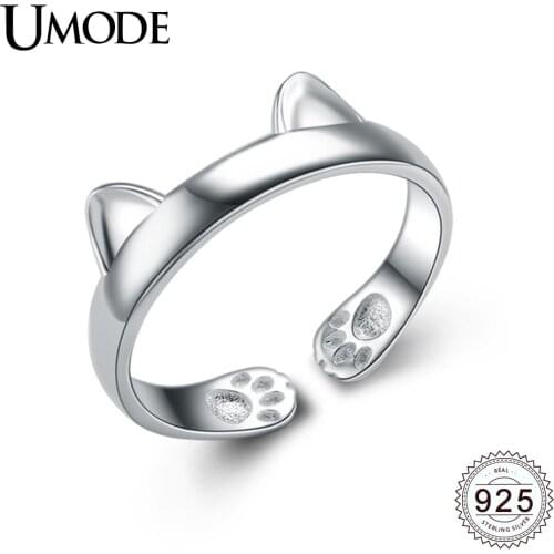 UMODE New Authentic 100% 925 Sterling Silver Cat Ear Rings for Women Silver Jewelry Open Cat Ring Bijoux Femme Anel Gift ULR0163