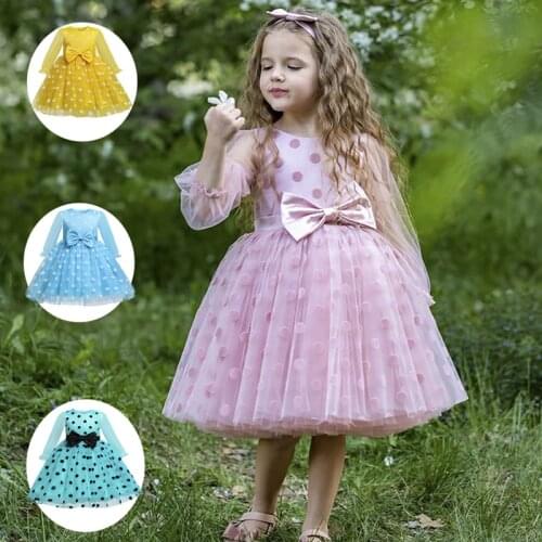 Autumn Baby Girl Long Sleeves Dress Flower Girls Wedding Gown Classic Polka Dots Tutu Fluffy Girl Party Wear Childrens Clothing