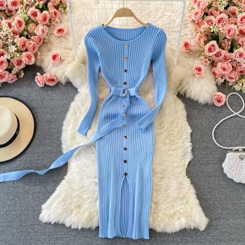 Autumn womens temperament o neck buckle slim hips sweater Slit dress fashion womens elastic knitted elegant midi dress female