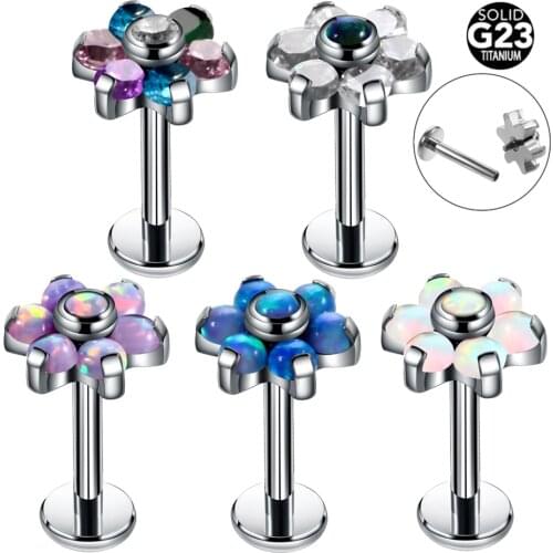 1PC Titanium Lip Piercing Flower Opal Stone Tragus Earring Piercings Flower Helix Piercing Labret Lip Stud Rings Body Jewelry