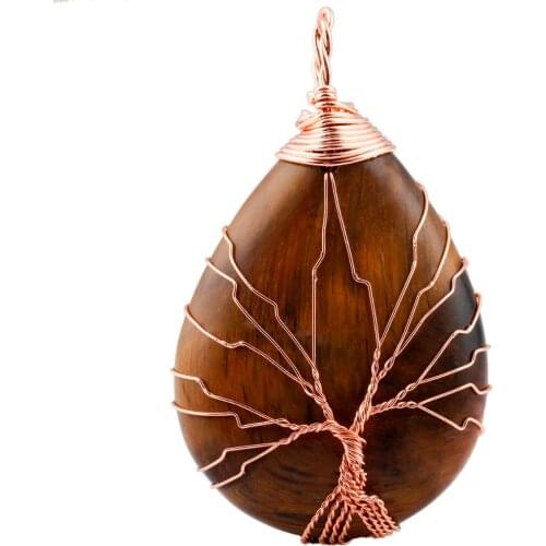 SUNYIK Tigers Eye Stone Teardrop Gem stone Copper Wire Wrapped Tree of Life Pendant,Healing Jewelry