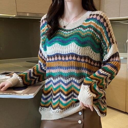 Sweater Women Long Sleeve Colorful Striped Stitching O-Neck Casual Sweater For Female Knitted Fashion Autumn Winter Loose Jumper
