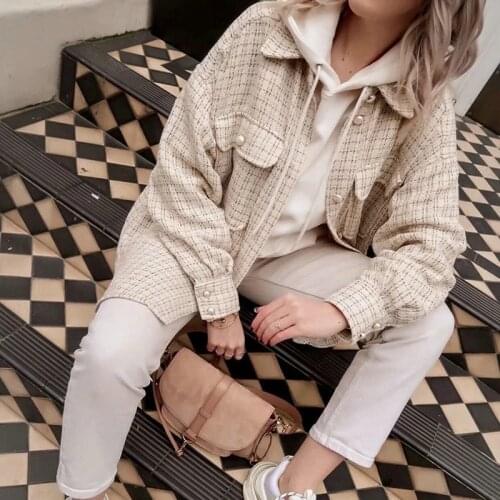 Tweed Jacket Women Coat Vintage Oversize Plaid Knitted Jackets Women Autumn Chic Ladies Streetwear Loose Elegant Female Outfit