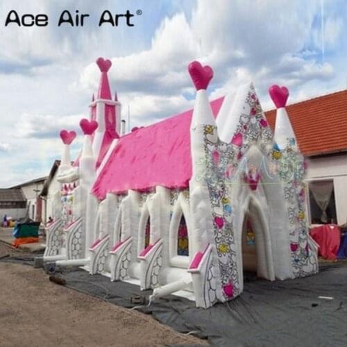 Outdoor giant inflatable castle romantic air wedding church tent pink and white inflatable house marquee party tent for events