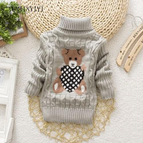 Bear pattern boys and girls thick bottom knit tops high collar shirt childrens solid color turtleneck pullover sweater