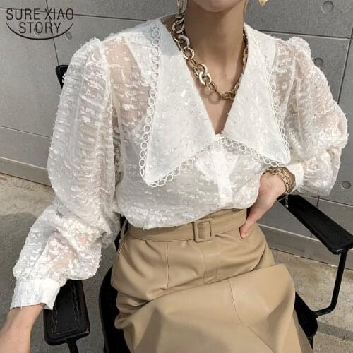 2021 White Shirt Lace Long Sleeve Puff Sleeve Womens Blouse Lapel Chiffon Blouse Spring Shirts loose Elegant Shirt 13562