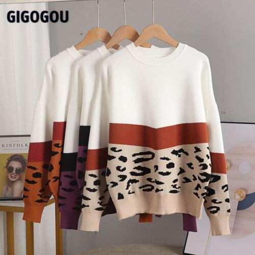 GIGOGOU Leopard Knit Womens Sweater Autumn Winter Color Block Female Jumper Outfits Long Sleeve Soft Pullover Christmas Sweaters