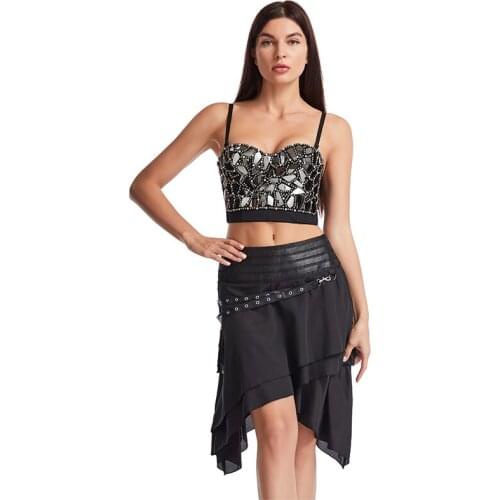 Grey Beaded & Mirror Women Brassiere Push Up Crop Top Sexy Bralette Gothic Steampunk Two Piece Bra And Skirt Set Night Club Wear