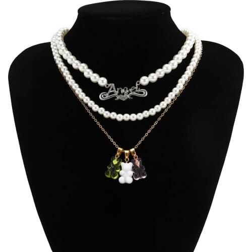 Chic Imitation Pearl Multilayer Chain Chokers Short Necklace For Women Fashion Cute Small Bear Letter Necklace Pendant Necklaces