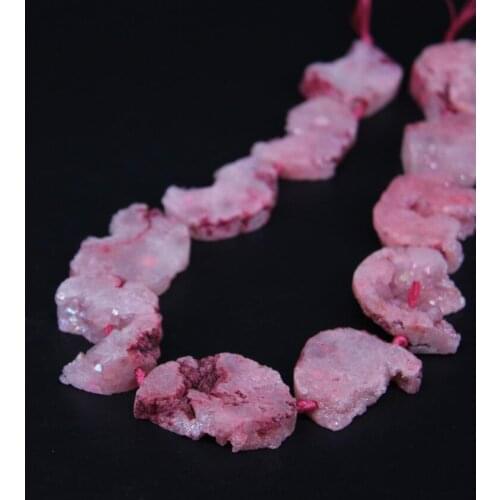 15.5"/strand Pink Titanium Natural Quartz Geode Druzy Freeform Slab Nugget Beads,Raw Crystal Drusy Moon Slice Pendant Jewelry