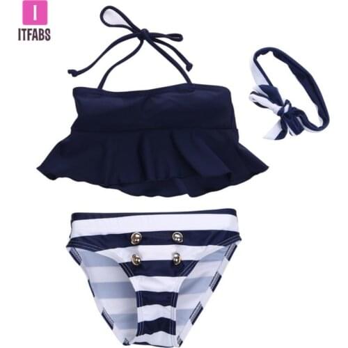 3Pcs Swim Suit Kids Baby Girls Bikini Set Outfits Navy Striped Headband Swimsuit Girl Swimwear Bathing Suit Swimming Wear