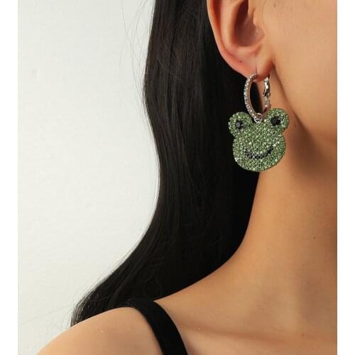 Asymetric green Frog hoop earring for women rhinestone pave dangling hoop earring creative funny cute earring for student girls