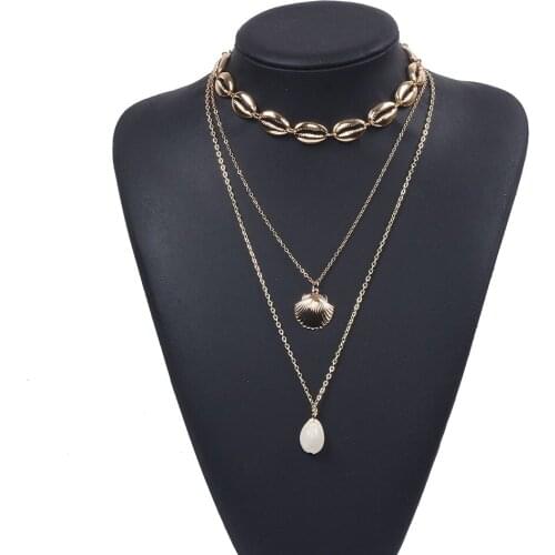 Boho Natural Shell Pendant Necklace Women Summer Gold Color Layered Chain Scallop Necklaces Jewelry For Girls Ladies Gift