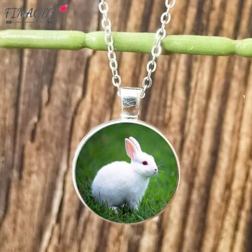 FIMAODZ Cute Rabbit Necklace Pendant Silver Chain Glass Round Animal Moon Picture Cat Ears Necklaces Fashion Jewelry Women Gifts