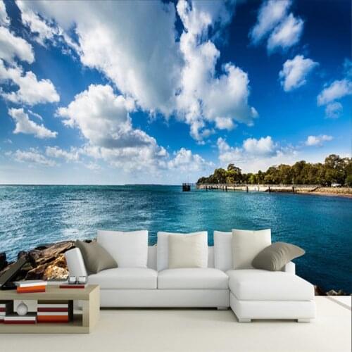 Custom Wall Cloth Modern Blue Sky And White Clouds Seaside Landscape Photo Wallpapers Murals Living Room Bedroom Wall Home Decor