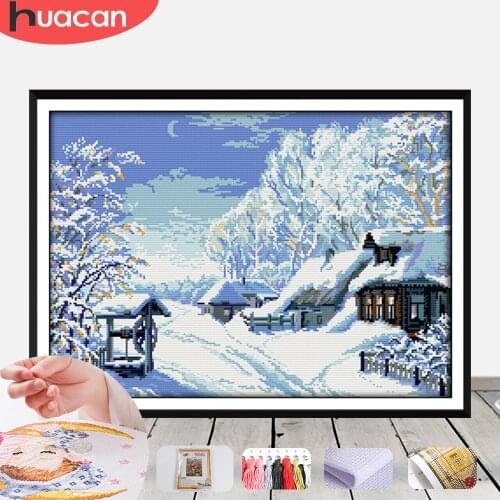 HUACAN Cross Stitch Snow Landscape Needlework Sets For Full Kits White Canvas DIY Embroidery Winter Gift Home Decor 14CT